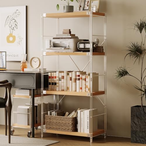 Image of 4-Tier Industrial Bookshelf, Wood and Metal Shelf Unit, Storage Bookcase
