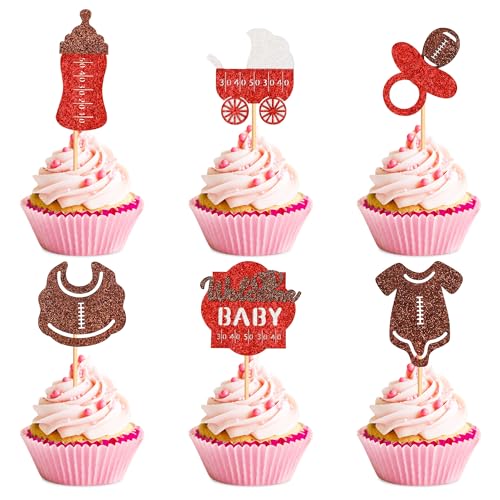 Ercadio 24 Pack Rugby Welcome Cupcake Toppers Red Glitter Football Cupcake Picks First Down Baby Feed Bottle Suit Cake Toppers for Rugby Theme Baby Shower Birthday Party Supplies