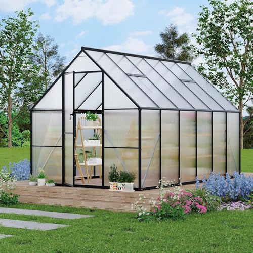 Greenhouse 8x16 FT Aluminum-Framed Heavy Duty Polycarbonate with Quick Setup Structure and Roof Vent Large Enhanced Outdoors Green House Kit, 8*16FT