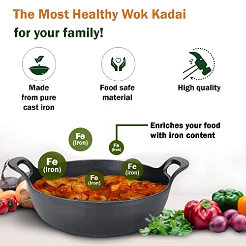 Healthy Choices 3 Qt Pre Seasoned Cast Iron Grilling Wok With 2 Loop Handles, 12" Heavy Duty Wok Pan, Griddle & Stir Fry Pans, Induction Cooktop, Oven Safe, Stovetop, Indoor/Outdoor, Indian Deep Kadai #TOP4