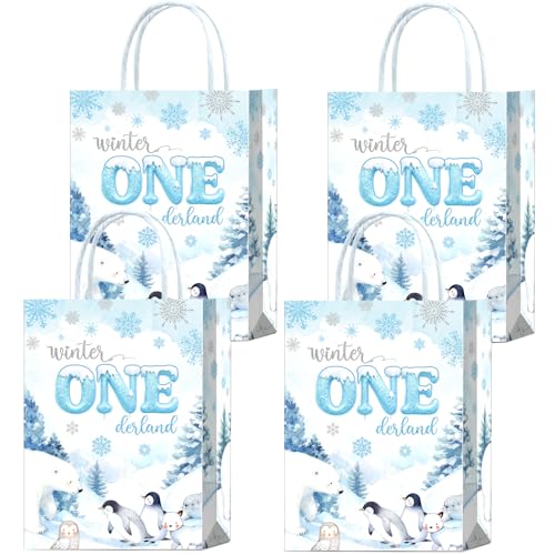 Brattol 16 Pieces Winter Onederland One First Birthday Party Favors Bags Winter 1st Birthday Boy Gift Snacks Treat Candy Party Favors Bags with Handles for Boys 1st Birthday Party Decorations