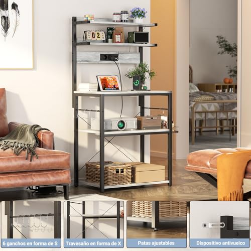 iSunirm Estantería de Cocina con enchufes,Organizador de Cocina con Luces LED,Soporte para microondas con 5 estantes 6 Ganchos,60x40x147cm,Roble Blanco - imagen 6