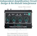 4 Channel Headphone Amplifier with 3 Input Mute & Audio Mixer, Mono/Stereo Audio Amplifier, Ultra-Compact Headphone Amp Splitter 1/4" & 1/8" TRS Output for Studio and Stage with Power Adapter