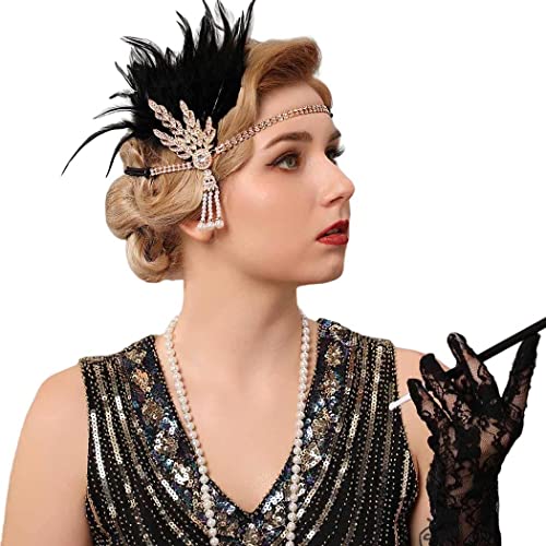 Zoestar Serre-tête à plumes et cristaux - Style vintage - Avec perles et pompons - Pour femme - Doré Cover