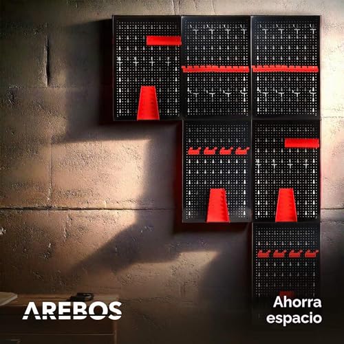 Miniatura 7 de Arebos Panel Portaherramientas De Pared 6 Piezas Kit Con 34 Ganchos 235,2x59,5 Cm Panel Perforado Metálico Para Taller Soportes Para Herramientas Incluye Material De Montaje Rojo