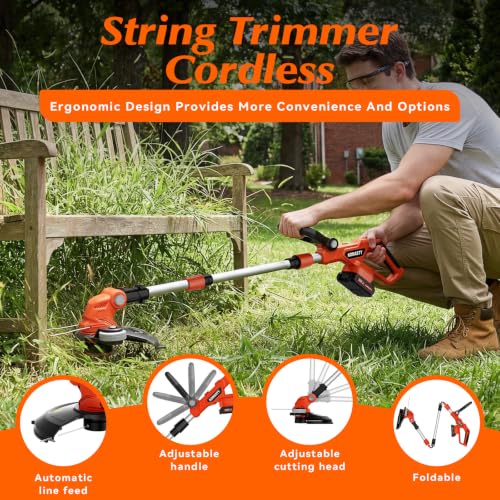 Image of 20V Electric Weed Wacker Cordless Edger Lawn Tool 2 X 2.0Ah Battery Powered Weed Eater and Charger, 12 inch Lightweight String Trimmer, Auto Line Feed Grass Cutter Lawn Mower Small Yard Garden Tangerine
