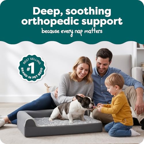 Image of FurHaven Orthopedic Dog Bed for Medium Dogs, L-Shaped Chaise Mattress with Orthopedic Egg Crate & a Solid Orthopedic Foam Base for Joint Support, Washable Cover, Medium, Faux Fur & Suede, Stone Gray