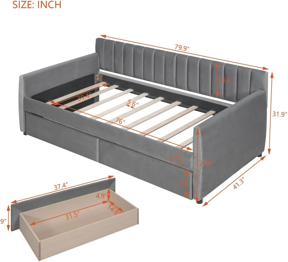 Twin Size Upholstered daybed with Drawers, Wood Slat Suppor (Gray + Velvet)