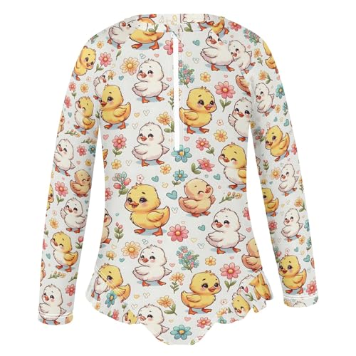 Little Cute Duck Cartoon Flower Girls Long Sleeve Swimsuit Rash Guard One Piece Bathing Suits Zipper 3-12T2