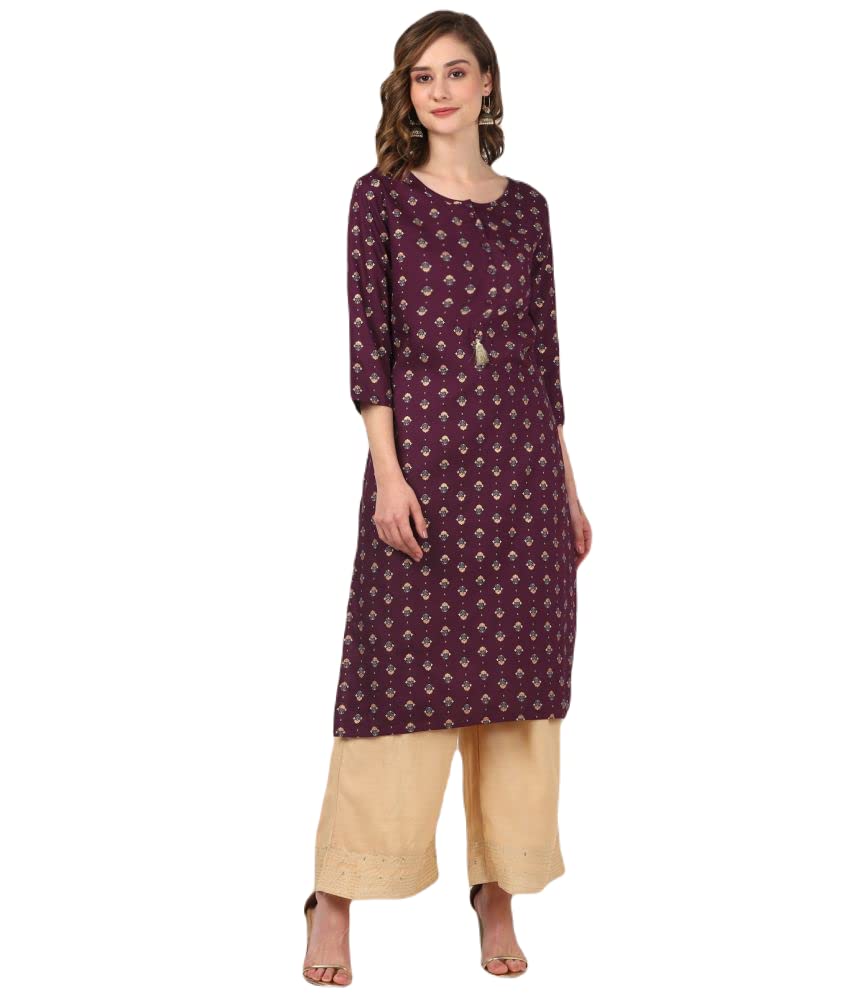 Image of rangita Mauve Rayon Calf Length Printed Straight Kurti for Women | Kurta for Women