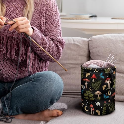 Image of Sellikakes Mushroom Butterfly Moon Yarn Storage Organizer with Drawstring, Crochet Storage Bag Yarn Holder for Crocheting Project Accessories, Knitting Needles