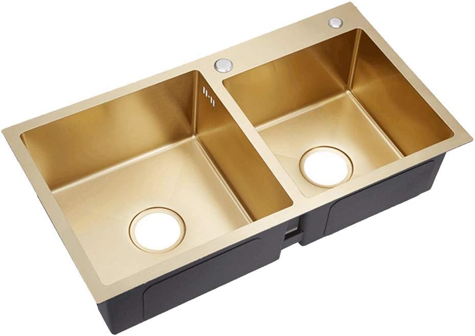 AQJD Brushed Gold Double Bowls Kitchen Sink Stainless Steel Drop in