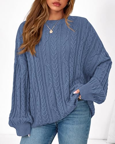 KIRUNDO Oversized Chunky Cable Knit Sweater Women 2026 Fall Fashion Cozy Long Sleeve Crewneck Pullover Winter Clothing(Blue, Small) — view 3