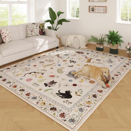 Living Room Rug 5x7 Rug Machine Washable Boho Area Rug Non Slip Floral Animal Cat Vintage Low Pile Large Rugs for Living Room Bedroom Farmhouse Dining Room Kids Playroom, Beige
