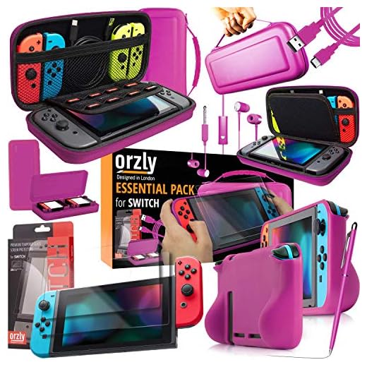 Orzly Ultimate Pack Accesorios para Nintendo Switch [Incluye: Protectores de Pantalla, Cable USB, Funda para Consola, Estuche Tarjetas de Juego, FlexiCase para los mandos JoyCon, Auriculares] – Rosa