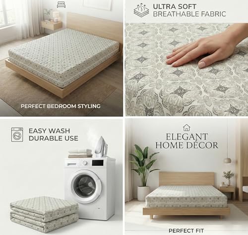 Image of VAS COLLECTIONS Premium Cotton Printed Mattress Protector with Zipper | 360 All-Around Encasing Bed Cover for Complete Protection | Single Mattress Cover 72x36+6 Inches (6 x 3 Feet) (Light Slate)