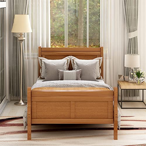 MERITLINE Vintage Platform Bed Twin Size with Headboard, Solid Wood Bed Frame with Underneath Storage for Saving Space, Oak