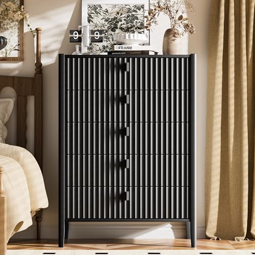 Image of Furniway Black 5 Drawer Dresser, 31.5 inch Wide Modern Chest of Drawers with Fluted Front and Metal Handles, Storage Dresser for Bedroom, Living Room, or Entryway