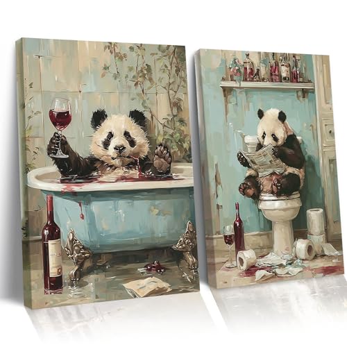 Image of Frimeeme Framed Panda Bathroom Wall Art Set of 2,12x16 Inch | Cute Panda on Toilet and in Bathtub Wall Decor Paintings for Bathroom Restroom