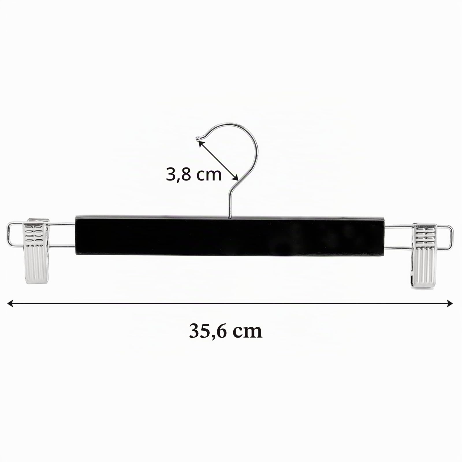 Tosnail Paquete de 15 perchas de madera natural de 14 pulgadas para faldas y pantalones, perchas con clips para pantalones y jeans, color negro