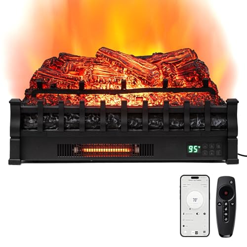 COSTWAY 26-inch WiFi Eternal Flame Electric Fireplace Log 1500W, Realistic Pinewood Ember Bed, APP/Remote Control, Adjustable Flame Colors, Thermostat, Infrared Quartz Fireplace for Home Decor, Black