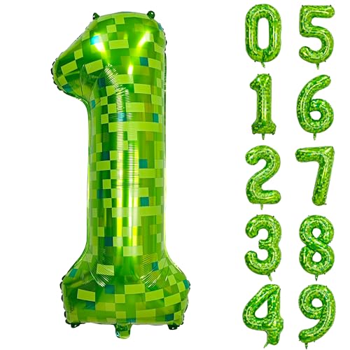 Image of 40 inch giant Green pixel miner game number 1 balloon | Large mining theme foil balloon 0-9 for pixel game parties children's birthdays party anniversary baby shower decoration