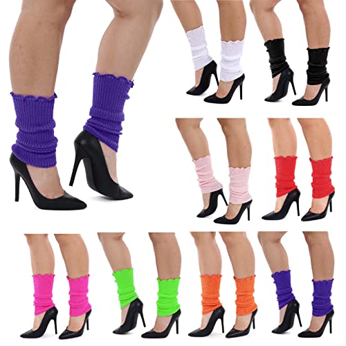 Ladies Purple Leg Warmers - 80s Fancy Dress Accessory - 1980s Pop Star Dancer Icon Neon Rave Dance Roller Disco