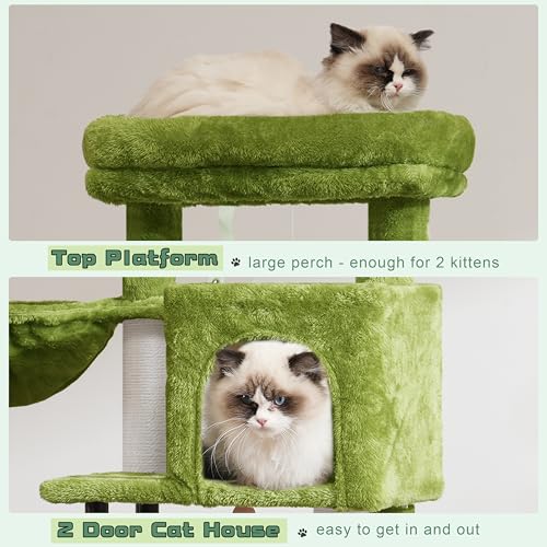 Image of Gitelsnour Cat Tree, 43.3'' Cat Tower with Hammock for Kittens GCT004SGR | Cat Condo House for Small Indoor Cats, Basket, Scratching Post, Large Platform, Sturdy Steel Tube, Sisal Rope, Green