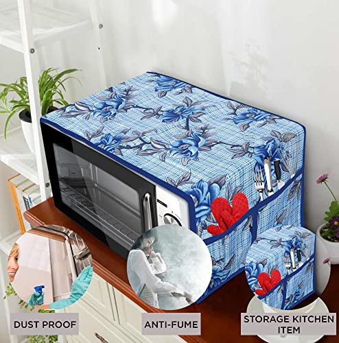 Image of Polyester 3-Layered Microwave Oven Top Cover With 4 Utility Pockets Suitable for Upto 30 Liter (Color- Blue, Size-36x14 Inches)