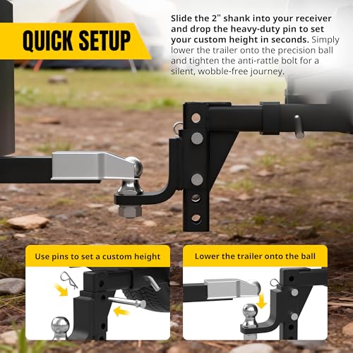 Image of MaxxHaul Adjustable Trailer Hitch Ball Mount with Locking Hitch Pin and Stabilizer, Fits 2 inch Receivers, Anti-Rattle Design with Rubber Stabilizer Pad, 7,500 lb GTW Capacity (51188)