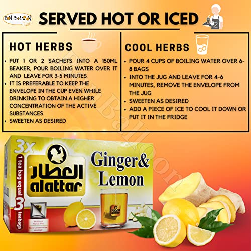 Alattar Tea Herbal Ginger & Lemon Tea Flower Al Attar Egyptian Elattar El Attar Egypt Herbals Herb Herbs Arab Arabic Arabian No Additives Non Gmo Kosher Halal (20 Tea Bag) العطار زنجبيل وليمون #TOP5