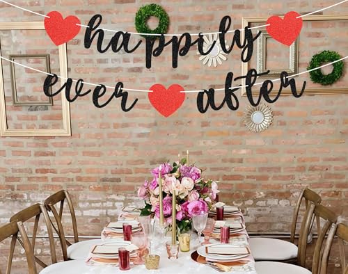 Image of Pre-Strung Happily Ever After Banner - Black Glitter Bachelorette Bridal Engagement Party Decoration Supplies, Bachelorette Wedding Party Banner for Engagement, Bridal Shower, Wedding Party Photo Booth Props