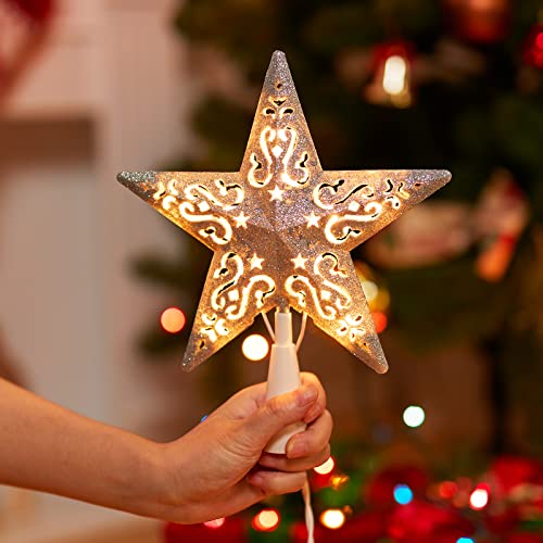 8” Christmas Star Tree Topper Silver Glittered Hollow Star Topper Built In 10 Bulbs String Lights 3D Star Treetop Plug In (4 Bulbs 2 Fuses Spare) For Holiday Decor Christmas Tree Decorations #TOP5