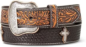 Ariat Men's Tooled Cross Belt - Genuine Leather Western Belt With Removable Buckle, Brown, 36 - View #2