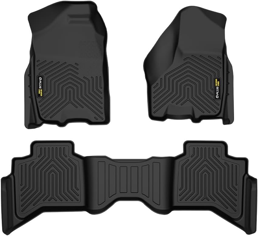 TPE Floor Mats Fit Dodge Ram 1500 Quad Cab 2009-2018 / Classic Quad Cab 2019-2022 1st & 2nd Row Truck Accessories Cargo Liners All Weather Protection 3PCs Black Alfombras para Carro