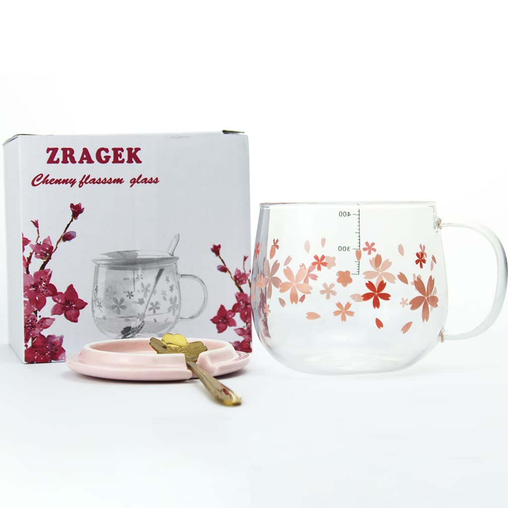 Sakura Cup, Pink Borosilicate Glass 400ML Mug, Cute Heat-resistant Cylindrical Mug with Cherry Blossom Embellishment