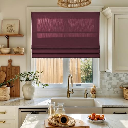 Image of TWOPAGES Isabella No Drill Cordless Roman Shade Linen Textured Cotton Roman Blind for Windows, Custom Made Room Darkening Blackout Roman Window Shade, Hardware Included, Burgundy, 1 Piece