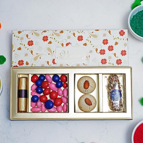 Image of Velvet Fine Chocolates Premium Holi Chocolate Gift Colourful flavours 1fruit and nut chocolate log ,75 gms assorted dragees ,2 nankhatai ,1 almond finger Holi Gift Pack for Kids, Family, Friends, Employees