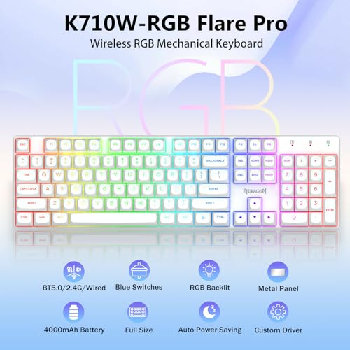 Image of Redragon Wireless Mechanical Gaming Keyboard, Clicky Blue Switch, White