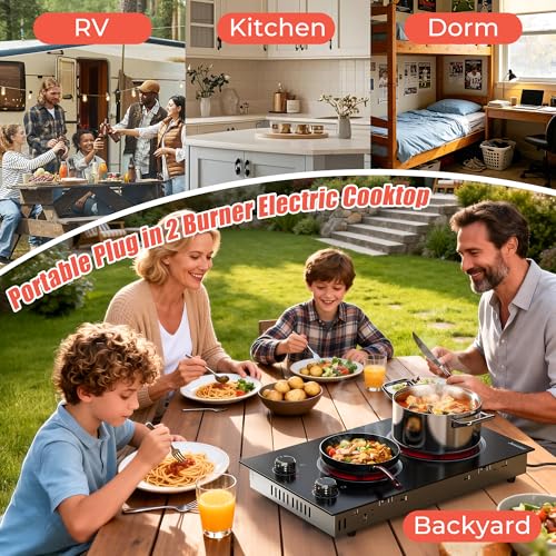 Image of 2 Burner Electric Cooktop - 12 Inch Plug in 110V Electric Cook Top Two Burner, Built-in & Countertop Ceramic Stove Top with Knob Control, 9 Power Levels and Overheat Protection (Silver Knob)