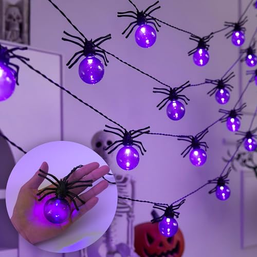 Large Spider Halloween String Lights Purple LED Battery Powered with Timer