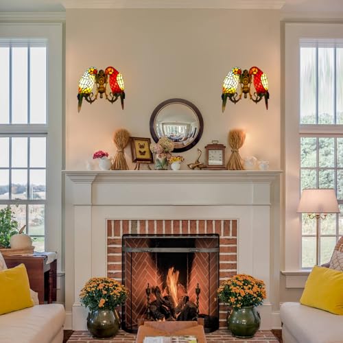 Image of 2-Light Double Parrot Tiffany Wall Sconce Stained Glass with Bulbs | Handmade double parrot stained glass Tiffany wall sconce, 2 lights, vintage decor, includes LED bulbs for bedroom hallway