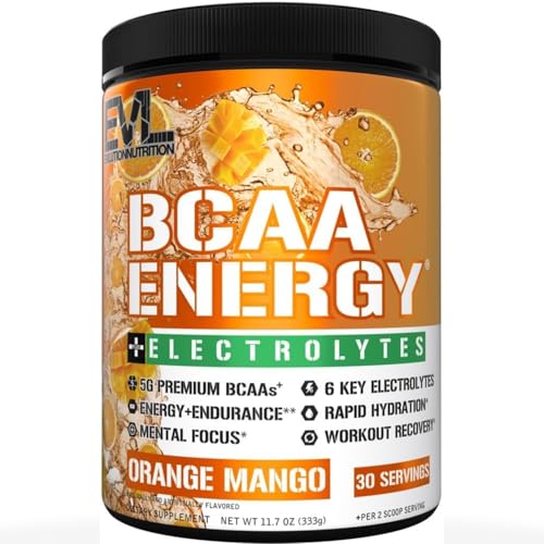 Image of EVL BCAAs Amino Acids Powder - BCAA Energy Pre Workout Powder for Muscle Recovery Lean Growth and Endurance - Rehydrating Post Workout Recovery Drink with 6 Key Electrolytes - Orange Mango