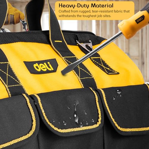 Image of Deli DL430116 16 inch Oxford Cloth Tool Storage Bag with Multi Compartment Pockets Handle & Steel Bar Heavy Duty Multipurpose Easy and Convenient Tools Organizer for Electrician Plumber Technician (1Pc)