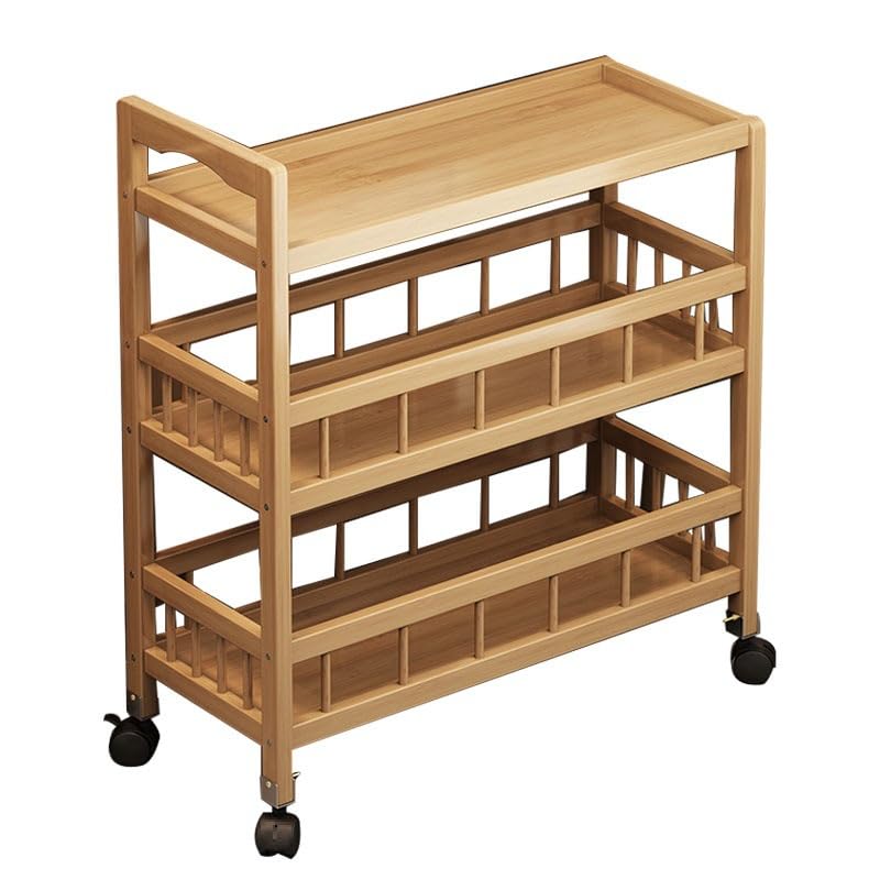 FEELING MALL 3-Tier Bamboo Kitchen Rolling Cart, Multi-Layer Storage Shelf Rack on Wheels - Wooden Utility Cart with Wheels-image-6