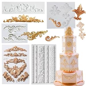 GROWTAIL 5Pcs Baroque Fondant Border Mold,Baroque Silicone Molds,Scroll Lace Fondant Silicone Molds for Crafts, Cake Decorating Polymer Clay Molds