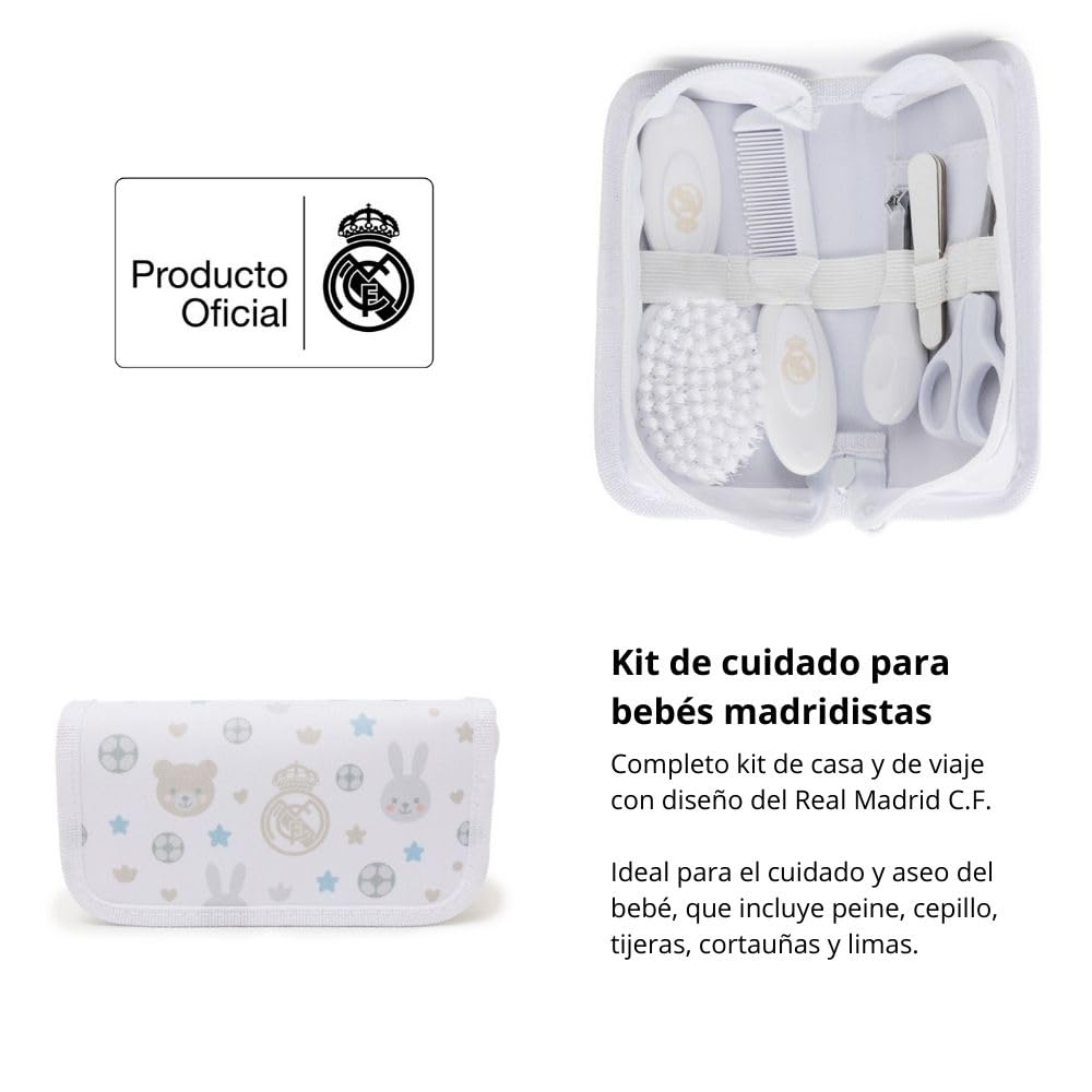Miniland - Kit de toilette pour bébé du Real Madrid - Trousse avec peigne, brosse douce, ciseaux, coupe-ongles et limes - Design compact et officiel du club - Dès 0 mois
