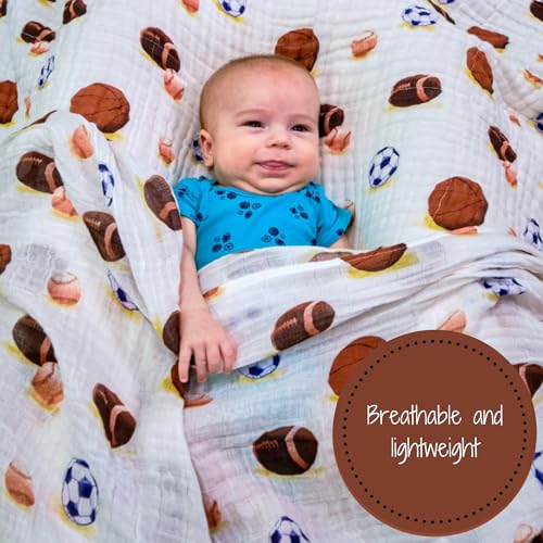 Image of LollyBanks Muslin Swaddle Blanket, 100% Muslin Cotton Soft Baby Blankets for Boys, 47 X 47 Inches Soft and Cozy Baby Wrap Swaddle Breathable Infant Blankets, Newborn Essentials (Sports Print)