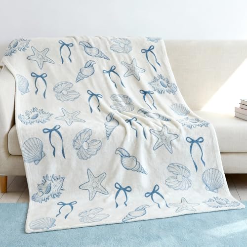 Gilprop Blue Coastal Beach Throw Blanket Coquette Ocean Scallop Shell