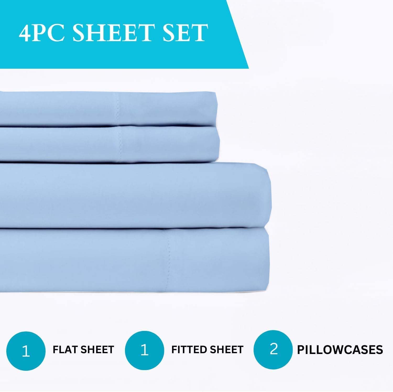 RV Full XL(53x80) Sheet Set 4 Pcs- Light Blue Solid, 100% Egyptian Cotton 600 TC - RV Camper Bunk Sheets, Fits Upto 12 Inch Deep Pocket Mattress, For College Students- Bed Sheets for Dorm Bedding